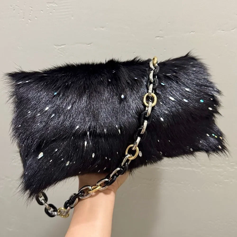 Black Real Goat Hair-on Hide Handmade Baguette Bag, 2 Straps Style